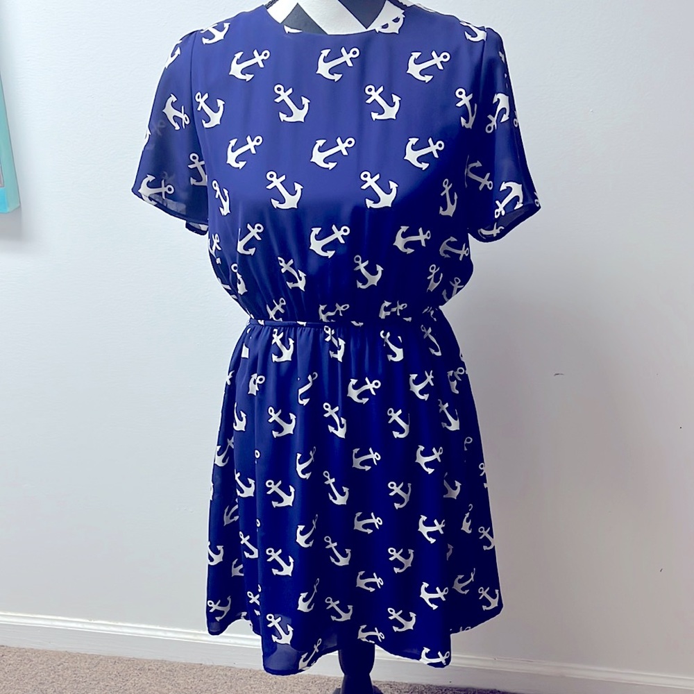 Everly blue and white nautical themed short sleeve with elastic waist dress